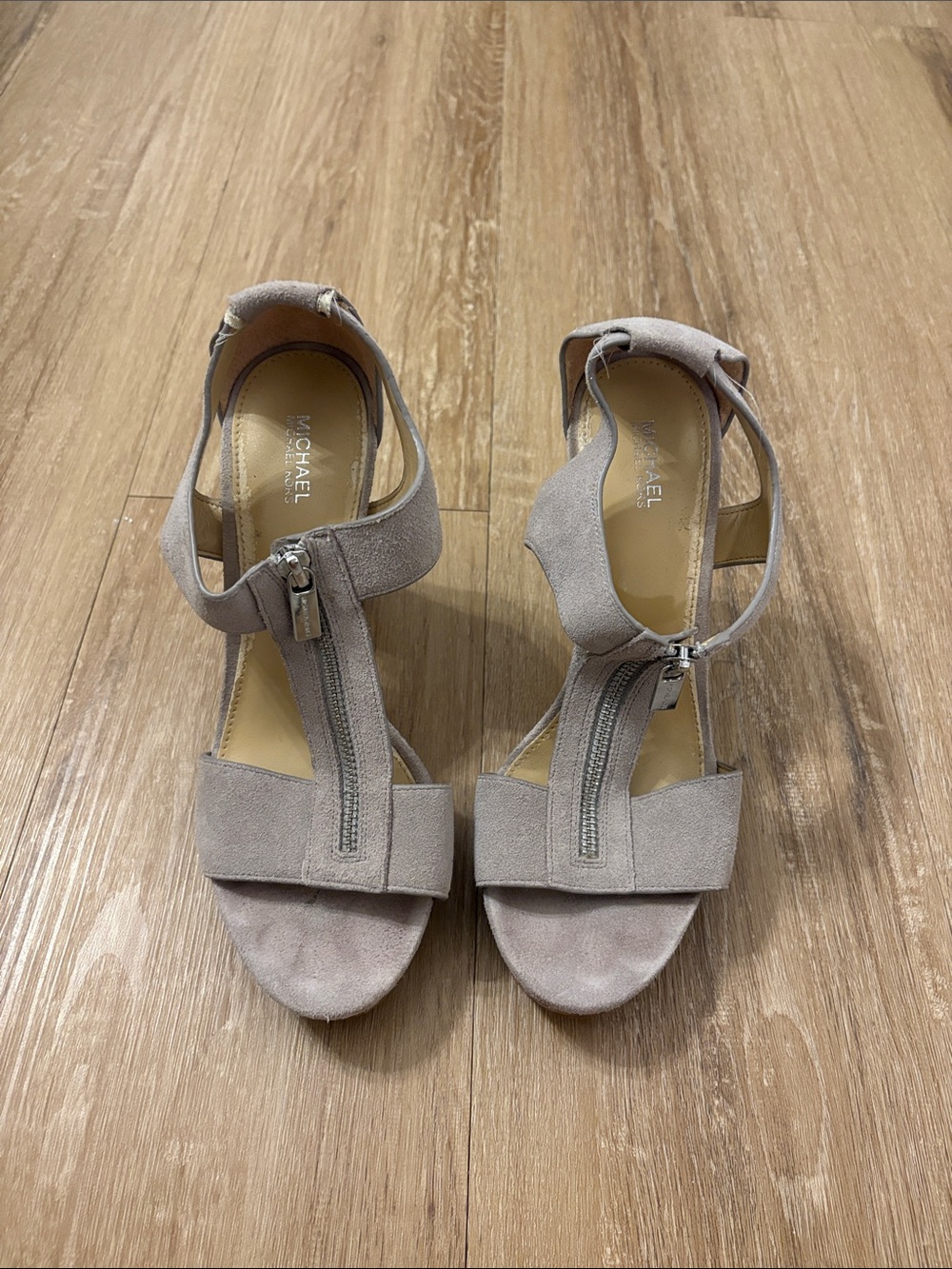 Michael Kors Beige Suede T-Strap Heeled Sandals